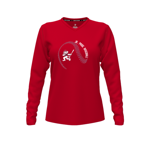 [CUS-DFW-TEES-CMF-VNK-LSL-RED-FYXS-LOGO1] Decker Comfort T-Shirt (Female Youth XS, Red, V Neck, Logo 1, Long Sleeve)