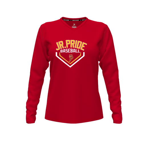 [CUS-DFW-TEES-CMF-VNK-LSL-RED-FYXS-LOGO3] Decker Comfort T-Shirt (Female Youth XS, Red, V Neck, Logo 3, Long Sleeve)