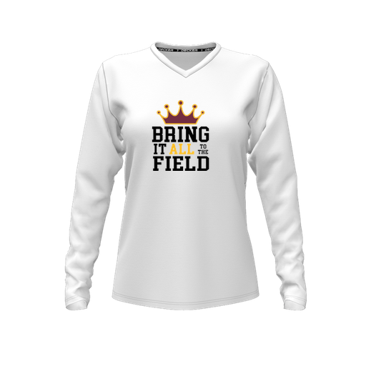 [CUS-DFW-TEES-PER-VNK-LSL-WHT-FYXS-LOGO2] Decker Performance T-Shirt (Female Youth XS, White, V Neck, Logo 2, Long Sleeve)