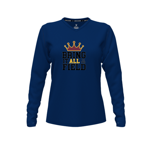 [CUS-DFW-TEES-PER-VNK-LSL-NVY-FYXS-LOGO2] Decker Performance T-Shirt (Female Youth XS, Navy, V Neck, Logo 2, Long Sleeve)