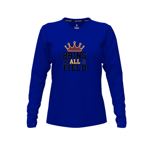 [CUS-DFW-TEES-PER-VNK-LSL-RYL-FYXS-LOGO2] Decker Performance T-Shirt (Female Youth XS, Royal, V Neck, Logo 2, Long Sleeve)