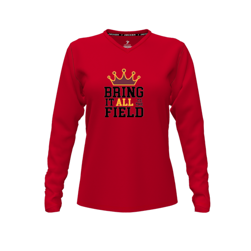 [CUS-DFW-TEES-PER-VNK-LSL-RED-FYXS-LOGO2] Performance T-Shirt (Female Youth XS, Red, V Neck, Logo 2, Long Sleeve)